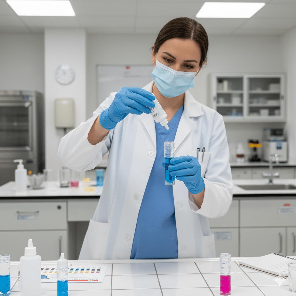 Technicienne en laboratoire réalisant une analyse de l’eau de dialyse pour mesurer la dureté.