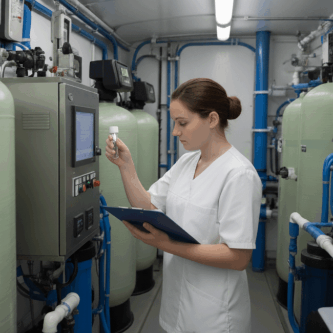 Technicienne en laboratoire effectuant le contrôle de l’eau de dialyse.