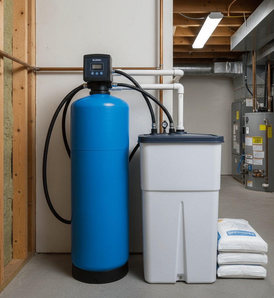 Adoucisseur d’eau installé dans un local technique nécessitant un entretien régulier et un contrôle de la dureté.