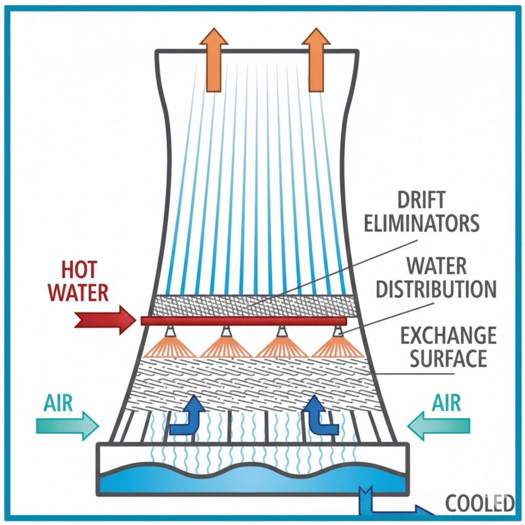 Schéma technique d’une tour de refroidissement utilisé pour l’analyse de l’eau du circuit.