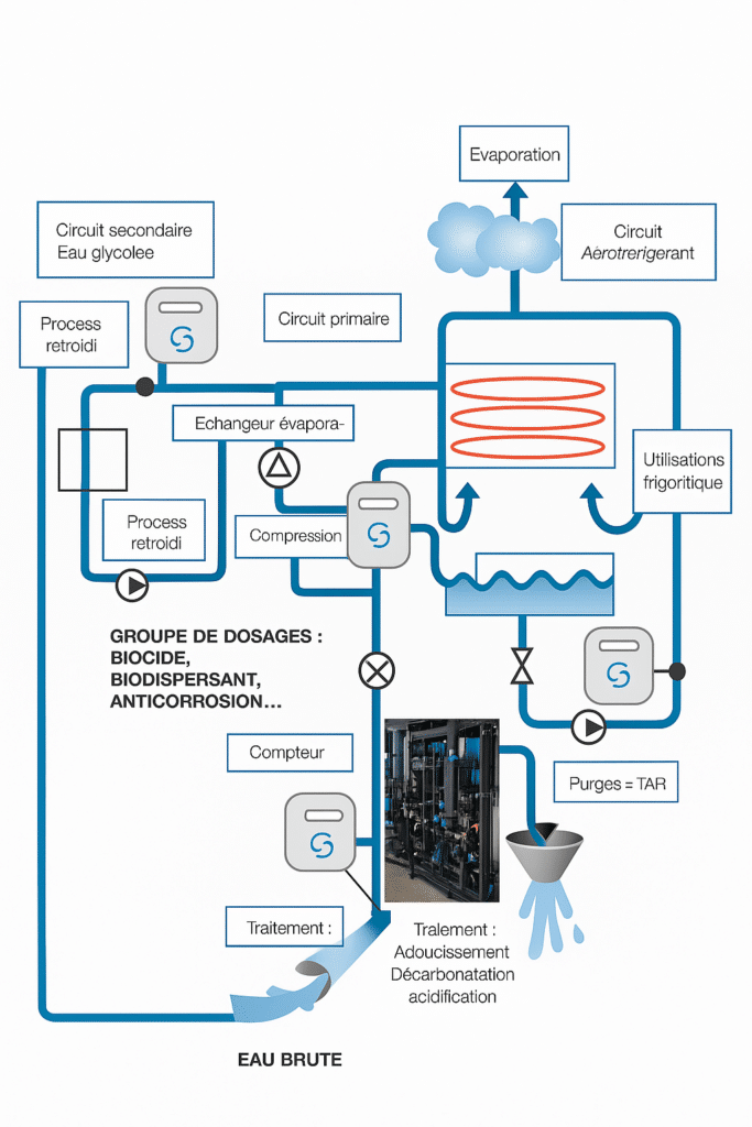 Schéma de principe illustrant l’analyse de l’eau en tour de refroidissement.