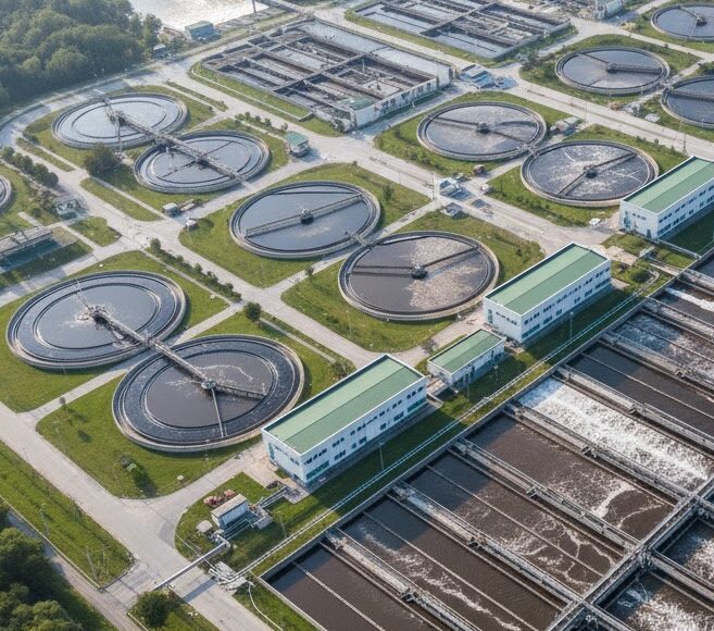 Vue aérienne d’une station d’épuration comprenant plusieurs bassins de décantation où le voile de boue est surveillé.