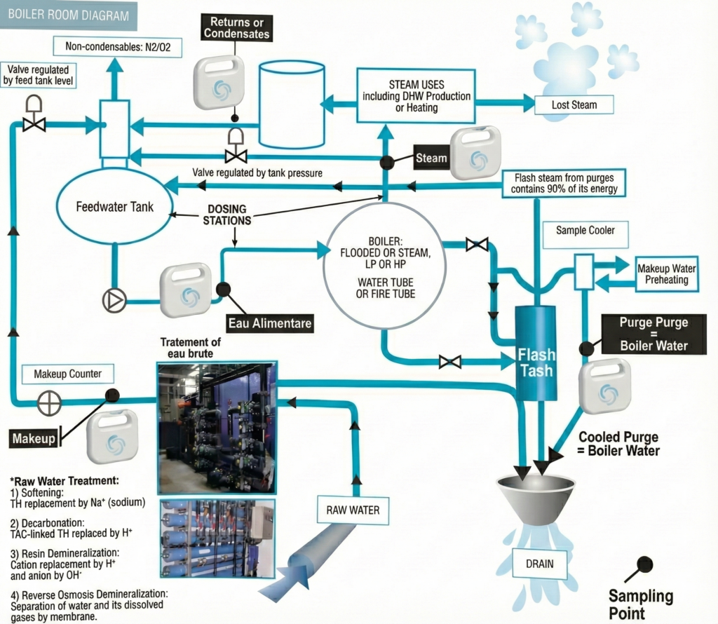 Schéma de principe d’un circuit de chaudière illustrant les points d’analyse de l’eau.