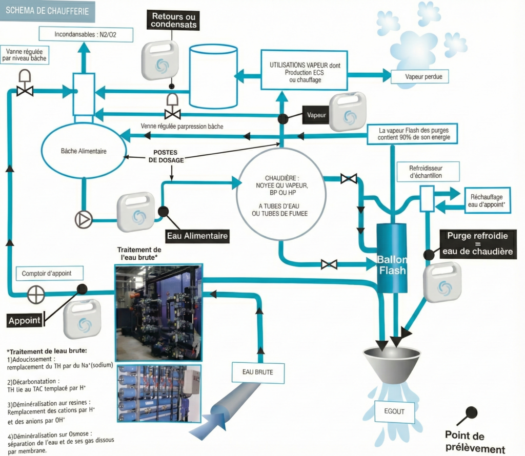 Schéma de principe d’un circuit de chaudière illustrant les points d’analyse de l’eau.