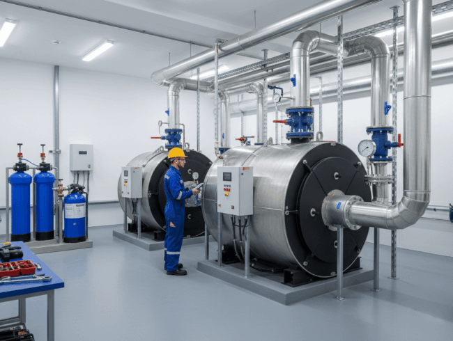 Chaufferie industrielle où l’analyse de l’eau de chaudière est réalisée pour le suivi du circuit.