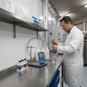 Analyse de l’eau de chaudière réalisée en laboratoire par un technicien.