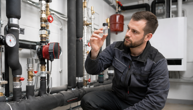 Technicien réalisant un contrôle de l’eau d’un circuit de chauffage avant mise en service.