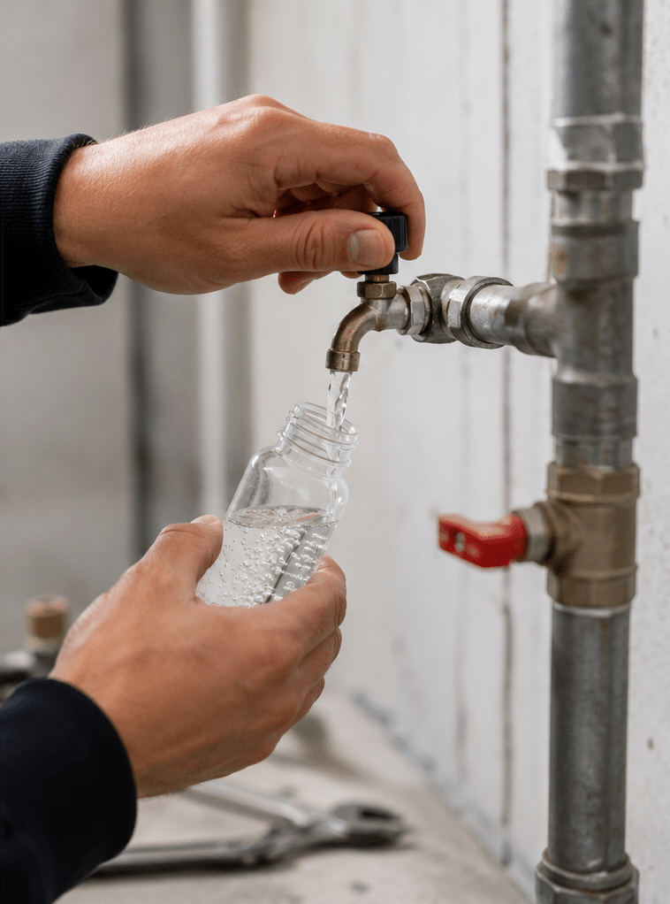 Prélèvement d’eau pour le contrôle d’un circuit de chauffage avant mise en service.