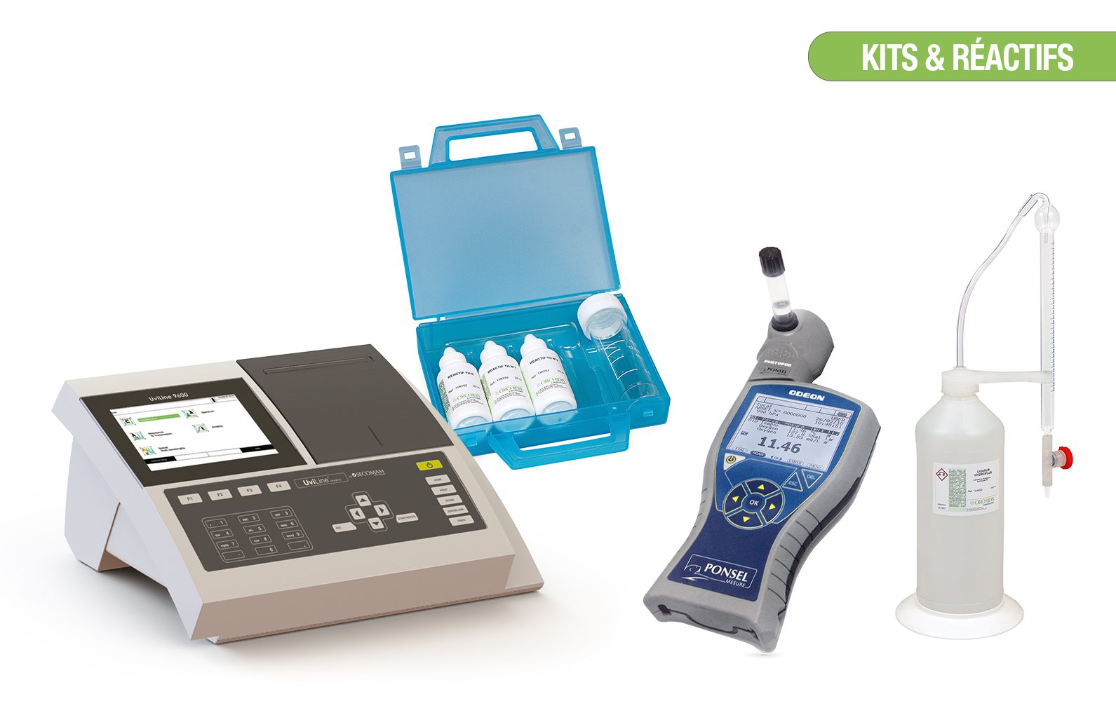 Réactifs et accessoires pour le contrôle de l’eau d’un circuit de chauffage.