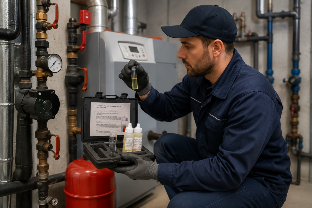 Technicien réalisant un contrôle terrain pour l’analyse des phosphates dans l’eau.