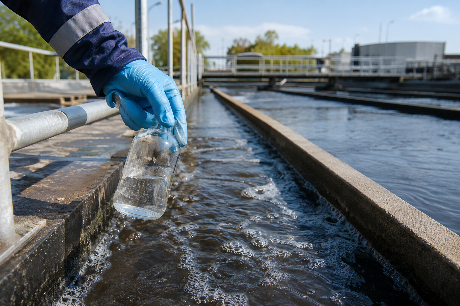 Prélèvement d'eau pour l'analyse de l'ammonium dans une station d'épuration.